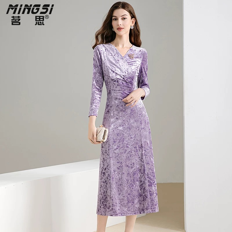 PF20724#名媛轻奢丝绒连衣裙新款气质高级感收腰提花长袖裙子女裝貨源服裝批發