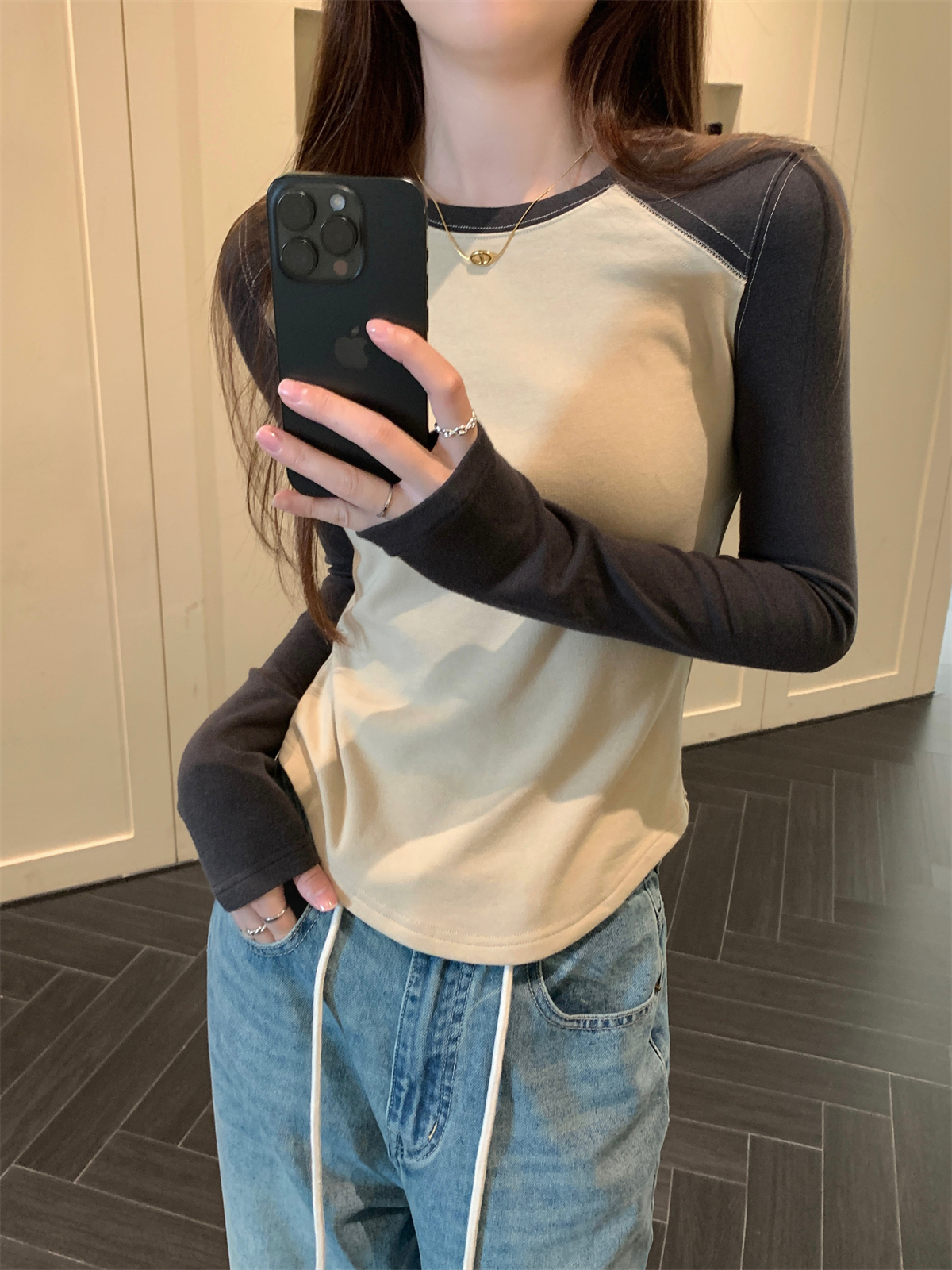 Actual shot of autumn Korean style temperament contrasting color slim fit soft waxy cashmere design versatile inner long-sleeved T-shirt top