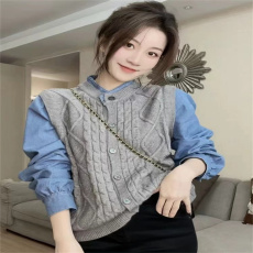 批发假两件拼接毛衣女2025<b class='q'>春秋</b>爆款设计感外套宽松显瘦针织衫开衫上衣