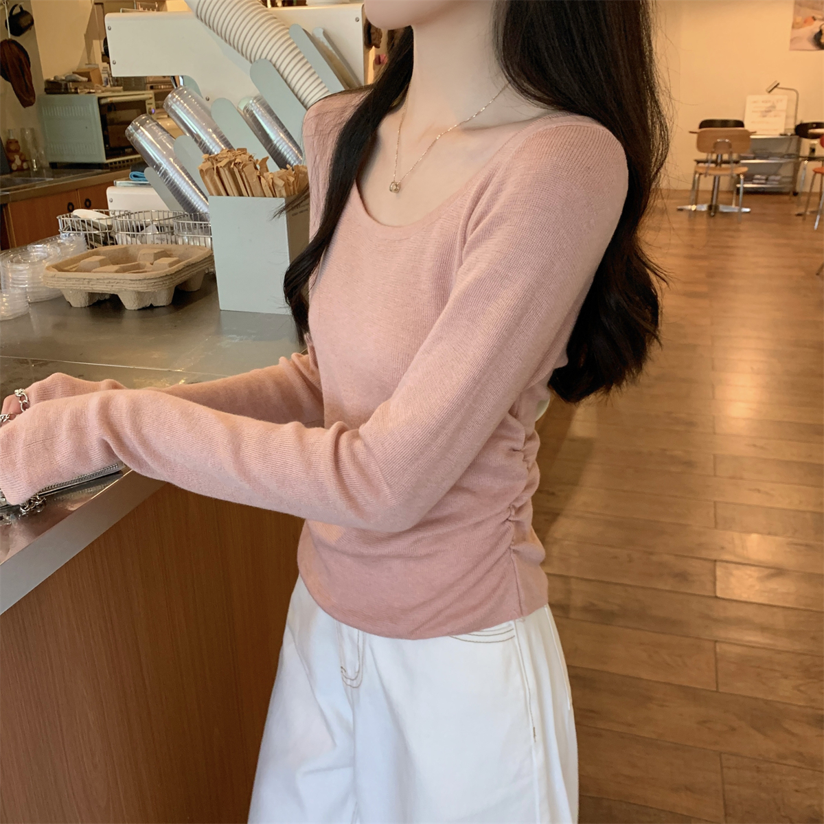 Real shot of autumn Korean version versatile round neck pure desire gentle pleat 6 wool sweater long-sleeved bottoming top