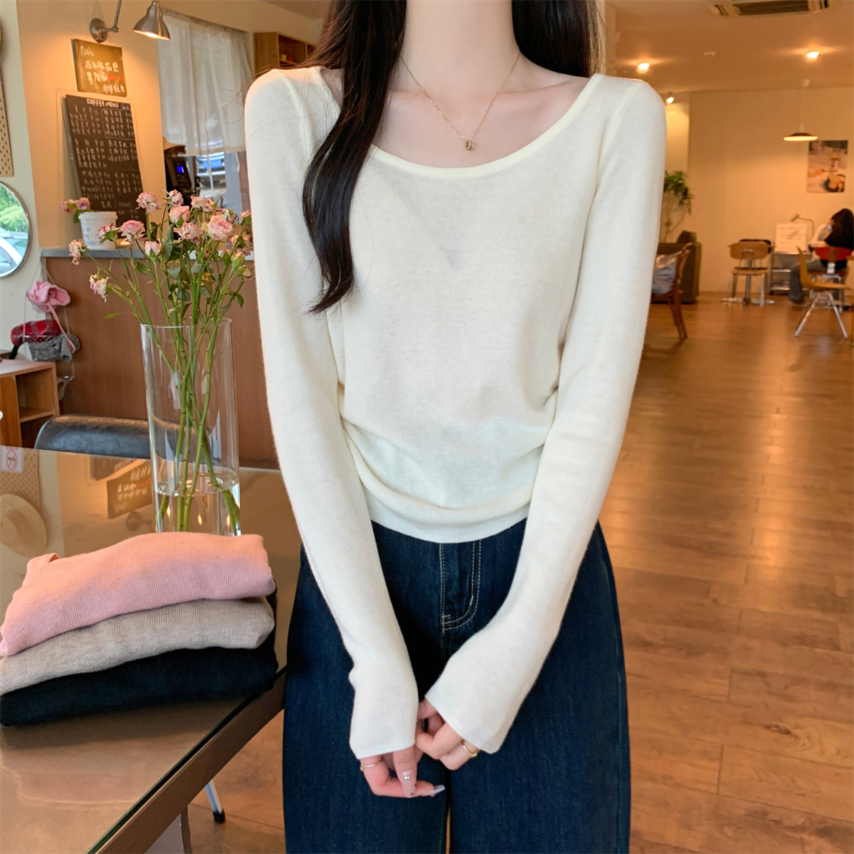 Real shot of autumn Korean version versatile round neck pure desire gentle pleat 6 wool sweater long-sleeved bottoming top