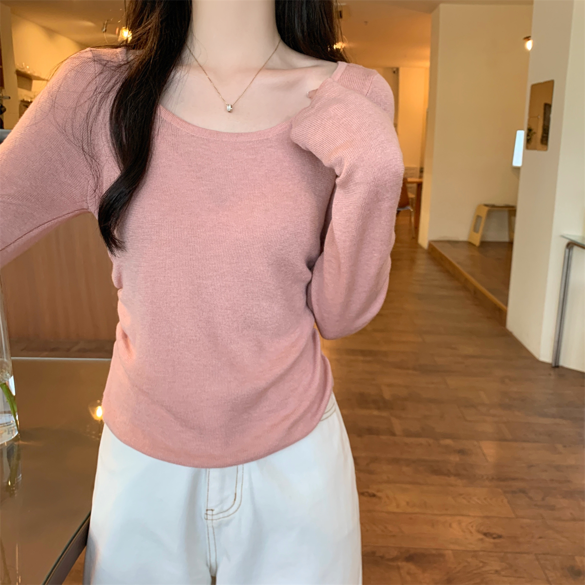 Real shot of autumn Korean version versatile round neck pure desire gentle pleat 6 wool sweater long-sleeved bottoming top