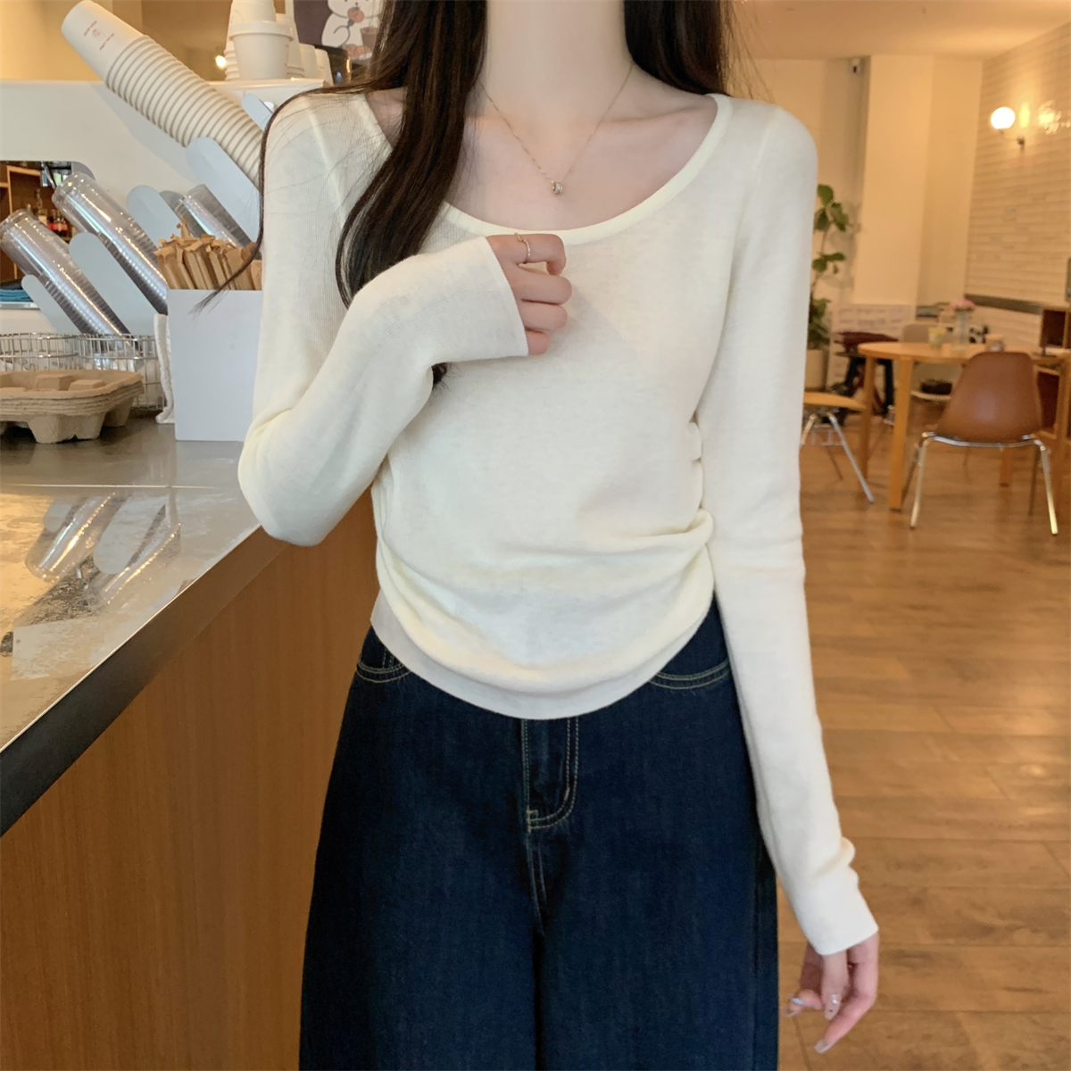 Real shot of autumn Korean version versatile round neck pure desire gentle pleat 6 wool sweater long-sleeved bottoming top