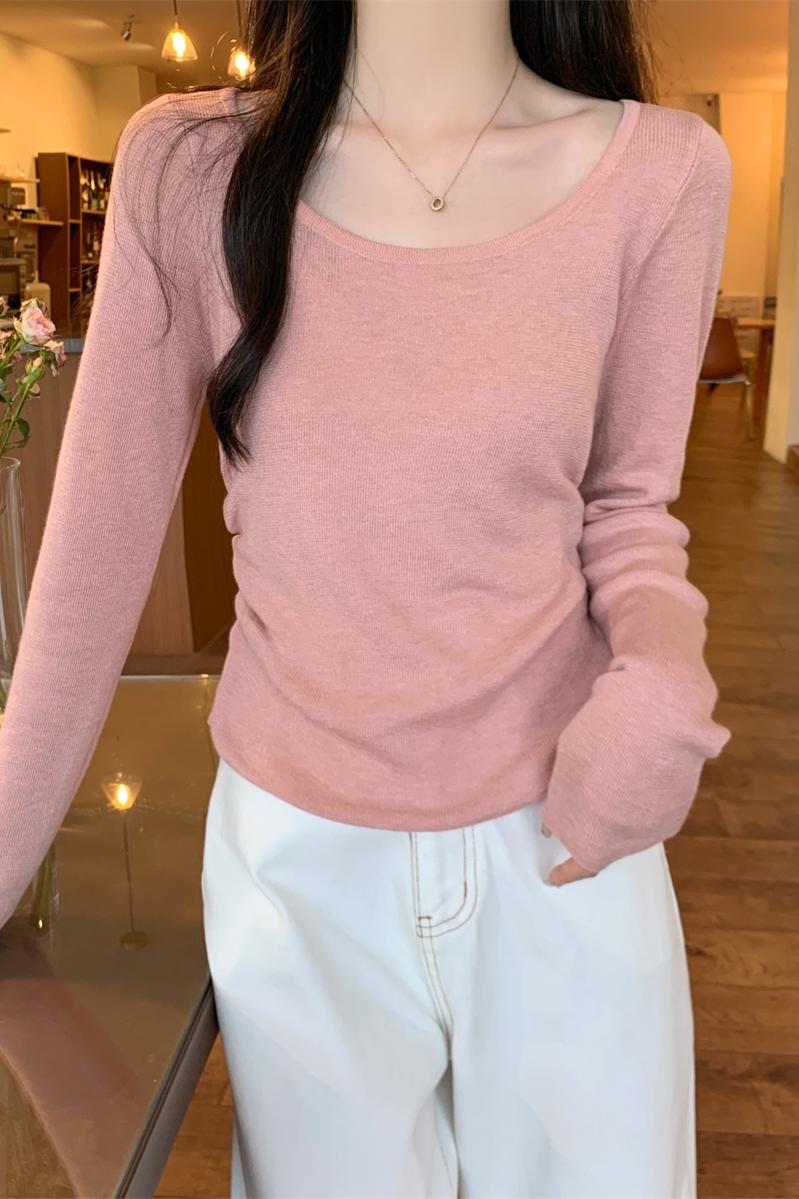 Real shot of autumn Korean version versatile round neck pure desire gentle pleat 6 wool sweater long-sleeved bottoming top