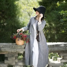 批发2025秋季新款复古长款POLO领单排扣休闲条纹薄外套百搭棉麻<b class='q'>衬衫</b>裙