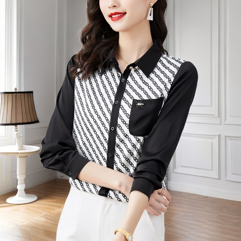 MY14138# 新款翻领衬衣印花重磅锻面长袖宽松大码女上衣女裝貨源服裝批...