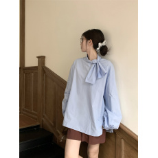 批发有货 实拍 宽松设计款不对称<b class='q'>蝴蝶结</b>绑带中长款<b class='q'>衬衫</b>纯色百搭上衣女