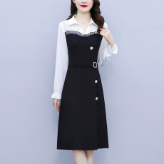 批发已出货 2026春季新款雪纺拼接显瘦名媛风中裙长袖<b class='q'>修身</b>大码连衣裙