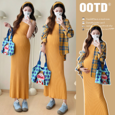 批发2026春夏新款时尚孕妇坑条背心<b class='q'>连衣裙</b>长袖格子开衫衬衣孕妇装套装