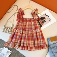 批发2024<b class='q'>夏</b>季女童装撞色格纹蝴蝶结绑带吊带衬衫女宝宝短款无袖上衣
