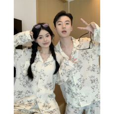 实拍韩版国风新中式情侣长袖睡衣简约宽松睡衣套装家居服秋