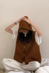 簡約焦糖色馬甲純色連帽疊穿背心外穿女2024秋季新款復古寬鬆坎肩