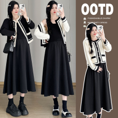 批发实拍孕妇春<b class='q'>秋</b>简约撞色小香风外套针织两件套洋气显瘦背心裙潮