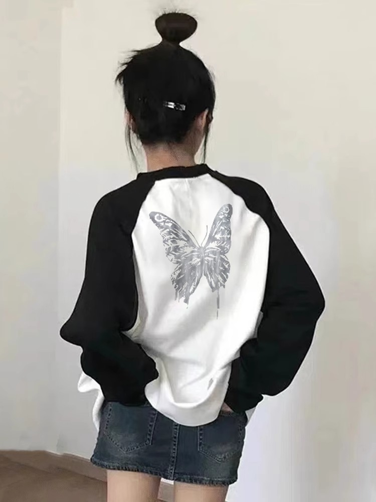 PF21532#精疏紧密100%棉T恤7色M-3XL长袖拼接拼色女裝貨源服裝批發