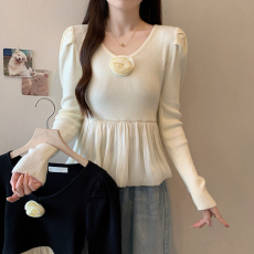 批发实拍大码女装春款胖mm法式气质荷叶边撞色拼接遮肉显瘦针织毛衣