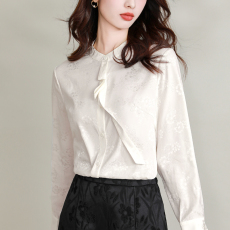 批发实拍气质提花长袖<b class='q'>真丝</b><b class='q'>衬衫</b>女白色洋气飘带桑蚕丝上衣别致<b class='q'>衬衣</b>