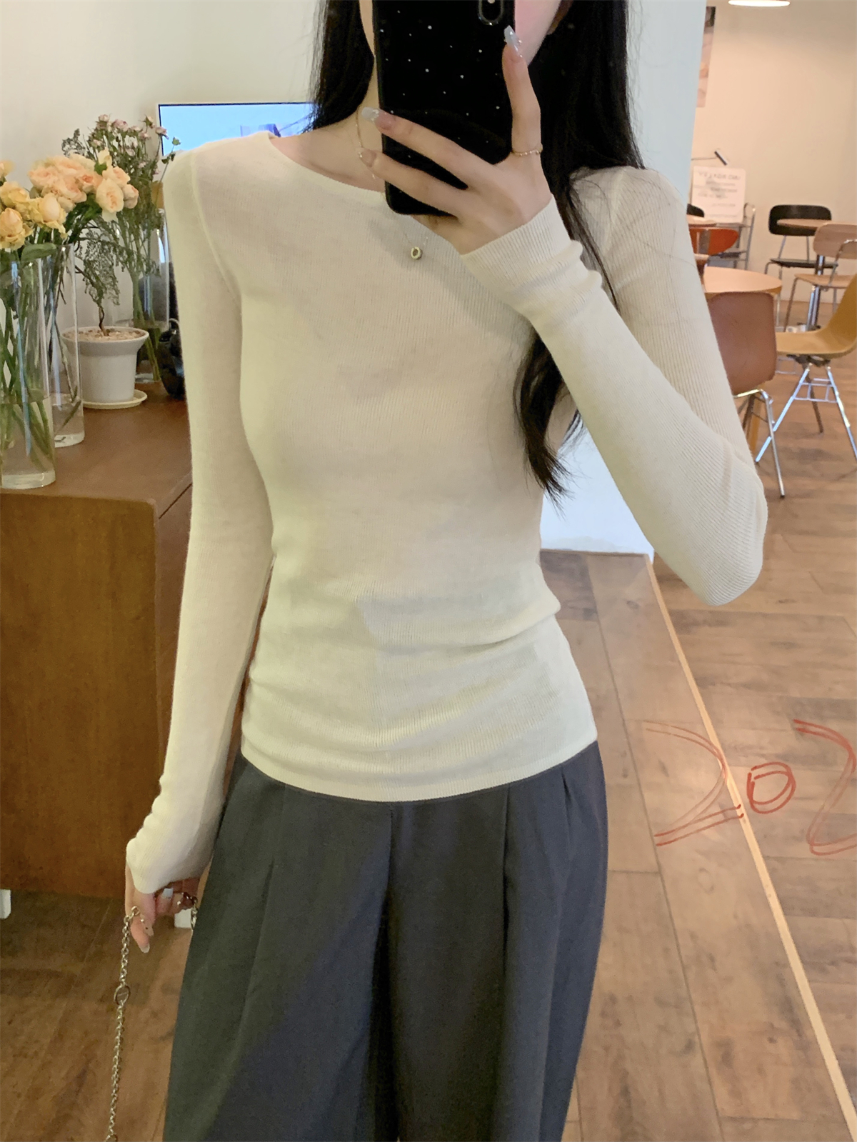 Real shot of autumn Korean style temperament one-line collar solid color versatile soft waxy 6 wool knitted long-sleeved bottoming top