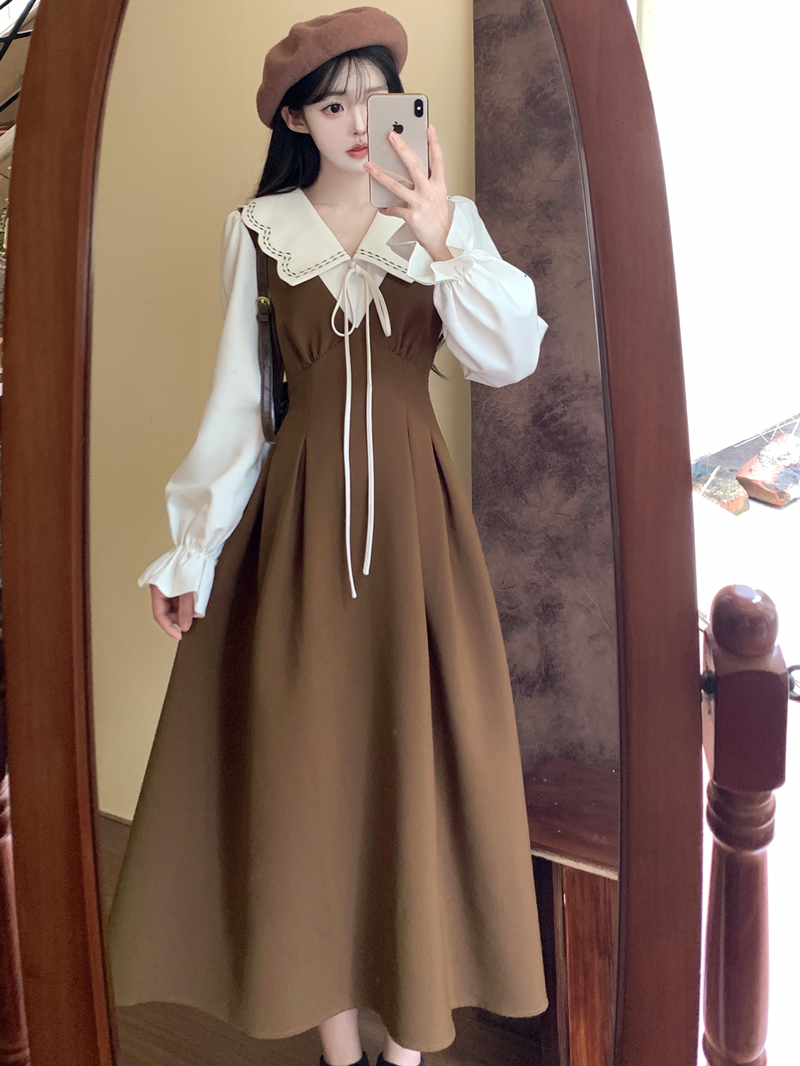 프랑스식 폴로 칼라 품격 드레스 아이들 배색 페이크 레이어드 지방 mm 표지 고기 슬림해 보이는 학원 스타일 무릎 아래 롱 스커트