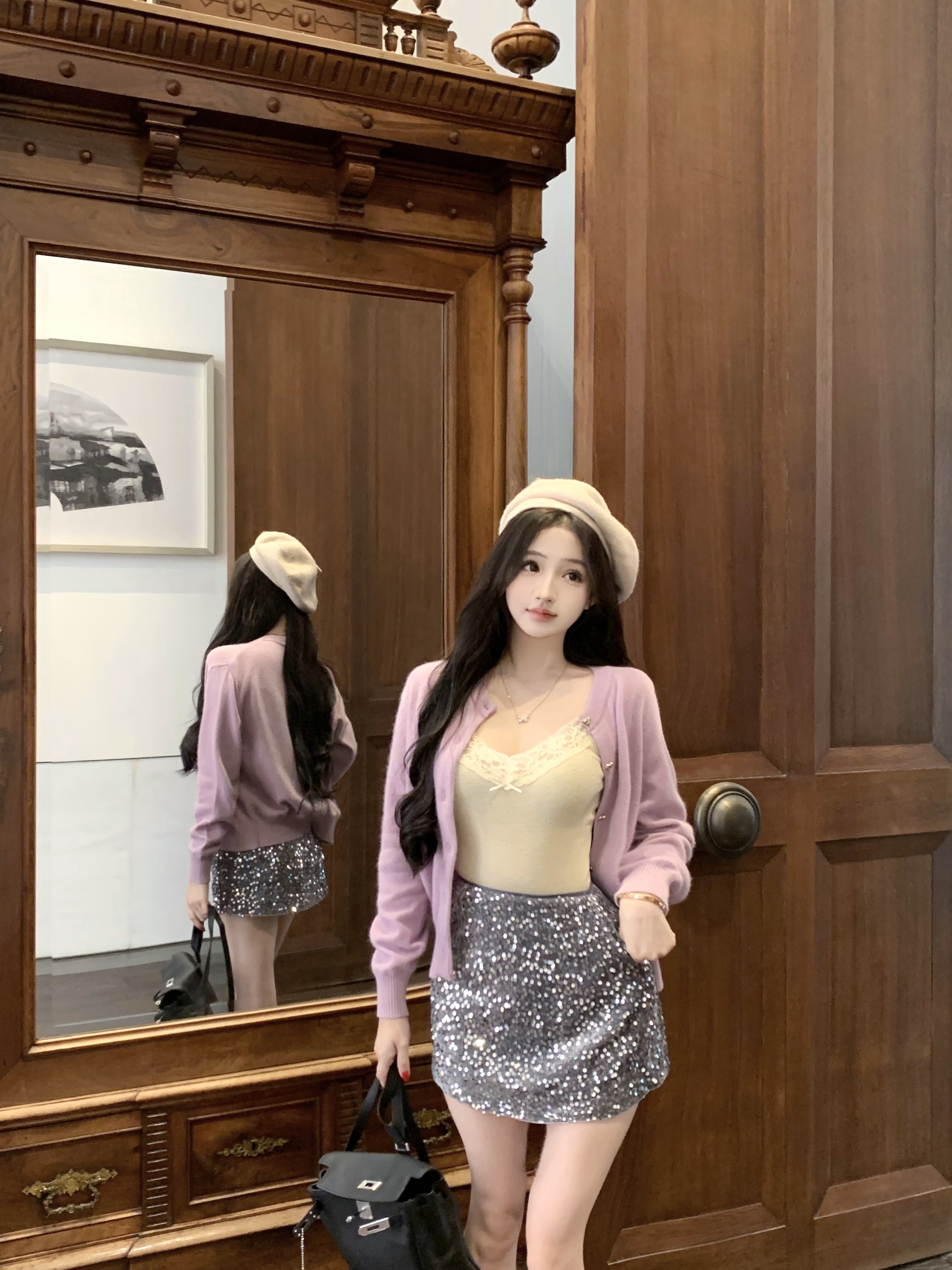 실사 양모 오픈 가디건 원 영어 소녀 센스 외국 가스 니트 맨위 플러스 슬립 플러스 반신 스커트