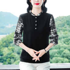 批发实拍洋气立领女装2026春秋季长袖打底衫木耳边显瘦衬衫印花上衣