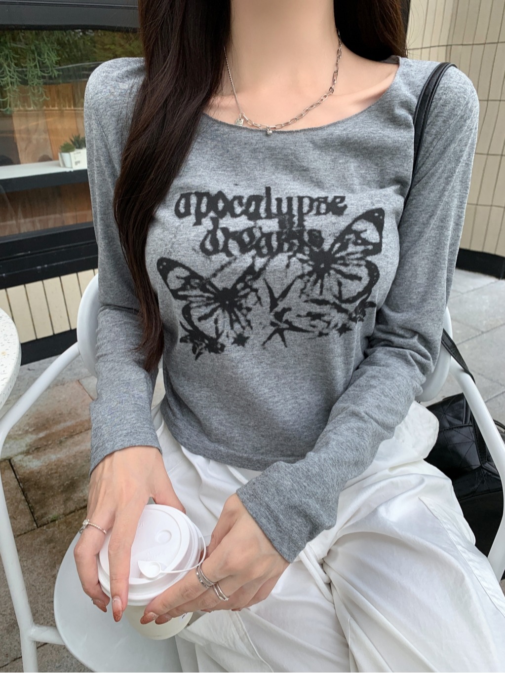 PF21232#26支纯棉100%棉 2024秋装长袖T恤女微透印花女裝貨源服裝批發
