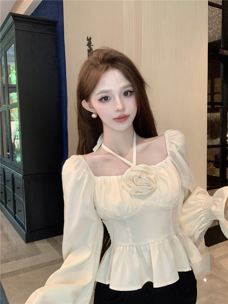 PF22251#法式小众气质长袖衬衫女早秋新款辣妹花朵挂脖显瘦上衣女裝貨源服裝批發