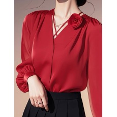 批发今年流行漂亮小衫爆款设计感小众别致气质上衣红色<b class='q'>长袖</b><b class='q'>衬衫女</b>初秋