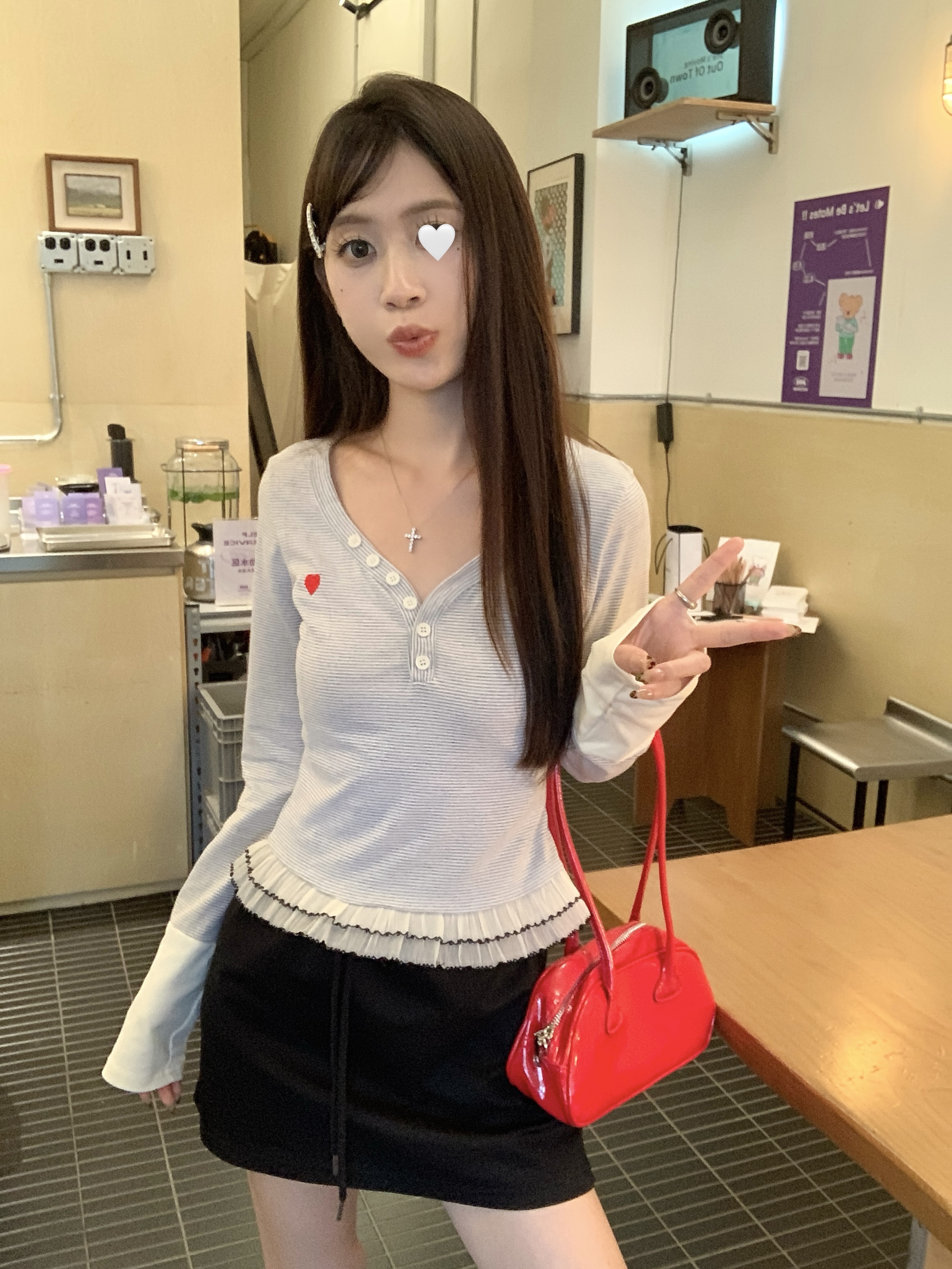 LN53902# 纯纯欲动V领条纹蕾丝花边拼接长袖打底衫 服裝批發女裝批發服飾貨源