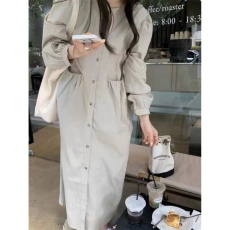 批发韩国chic 纯色 高腰文艺单排扣<b class='q'>长款</b>衬衫裙