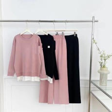 批发2024秋冬季新款欧洲站休闲甜美优雅假两件针织上<b class='q'>衣</b>直筒<b class='q'>裤</b>两件套女