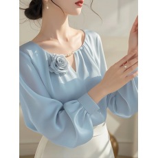 批发新款气质雪纺上衣独特漂亮小衫法式轻奢高级感蓝色<b class='q'>长袖</b><b class='q'>衬衫女</b>