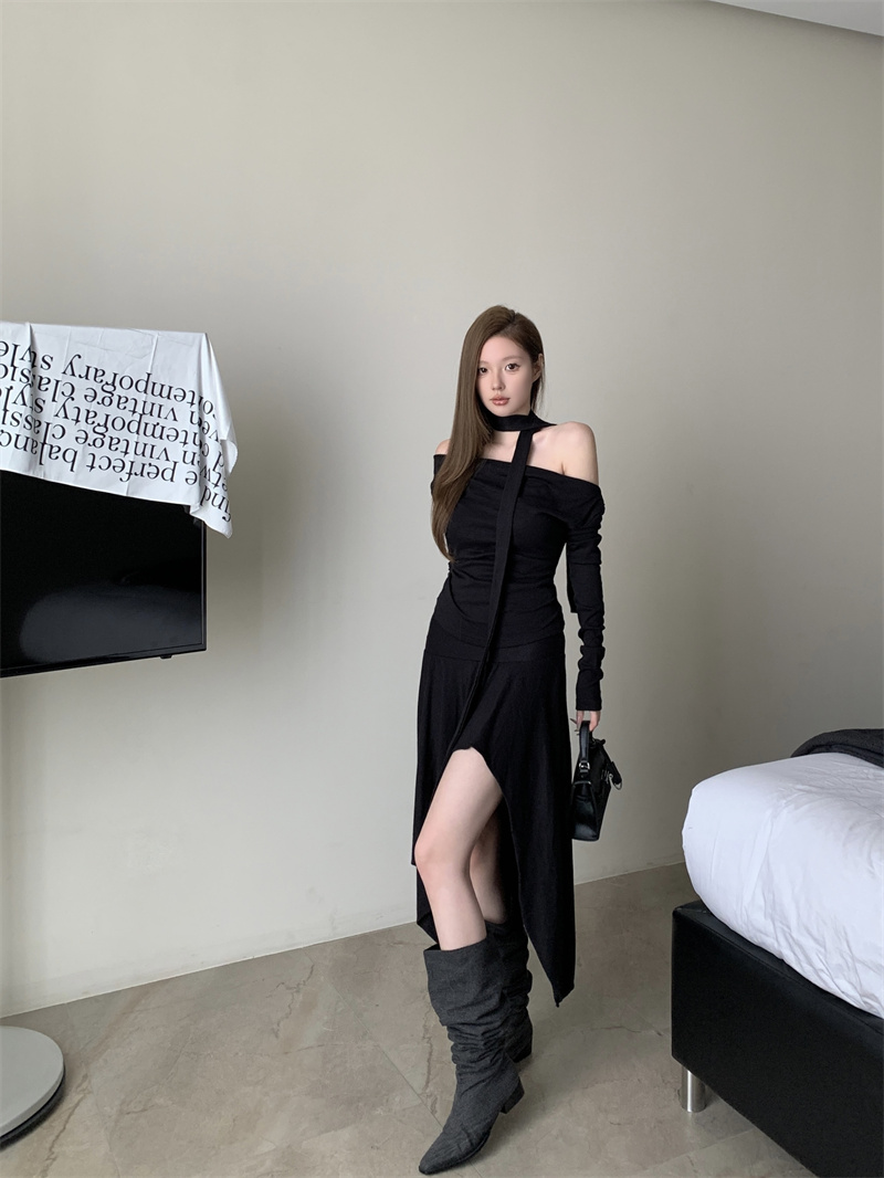 實拍 飄帶盪領修身長袖T恤不規則下擺寬腰褶皺斜邊半身裙女