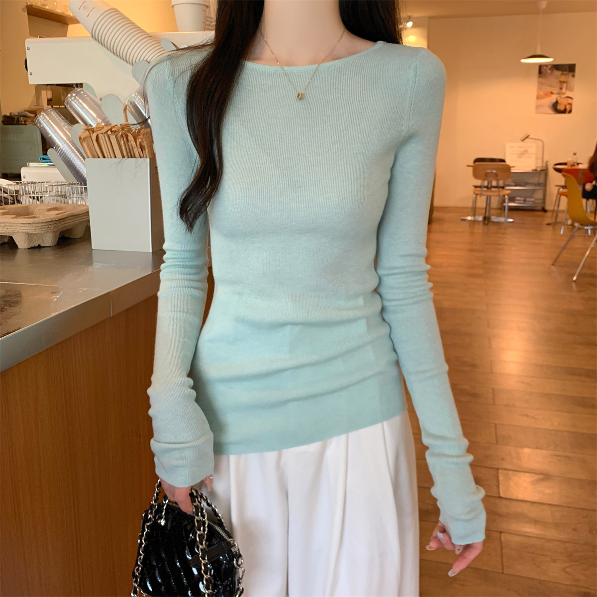 Actual shot of autumn Korean style slim fit one-line collar solid color versatile 6 wool knitted long-sleeved bottoming top