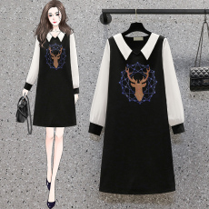 批发实拍大码女装2024秋季新款胖MM时尚显瘦烫钻拼接天丝罗马连衣裙