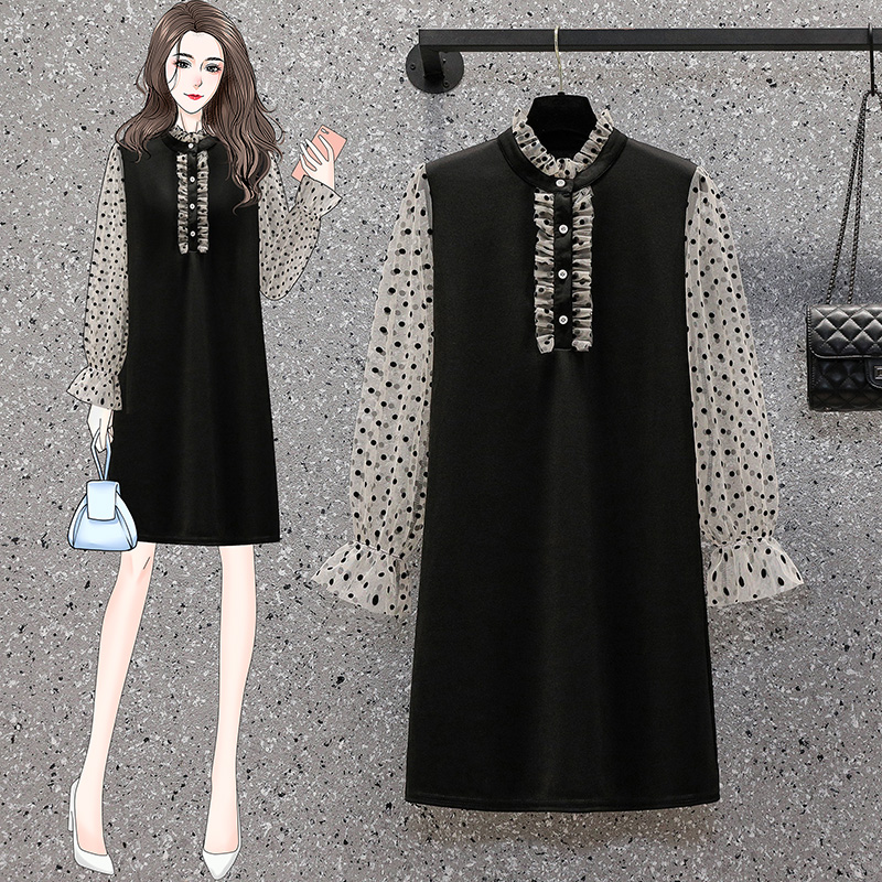 PF23910#大码女装新款韩版修身显瘦法式洋气波点泡泡袖连衣裙女裝貨源服裝批發