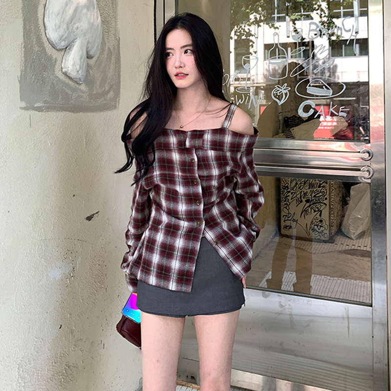 2024 Early Autumn Checkered One Shoulder Long Sleeve Shirt Women's New Korean Style Waist Slimming Western Style Suspender Top