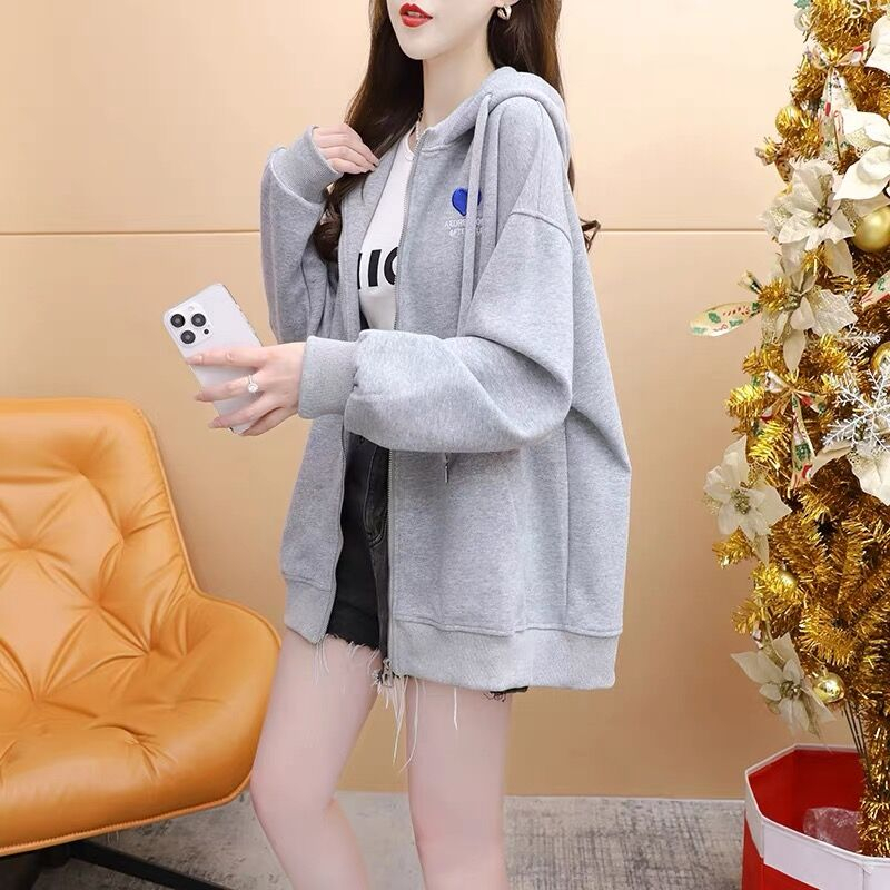 순수한 Mianhua 면 이후 패키지 칼라 주머니 하트 자수 후드 지퍼 캐주얼 후드티 재킷