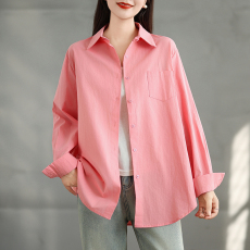 批发实拍2026早春日韩大码女装法式外搭男友风宽松粉色<b class='q'>衬衫</b>