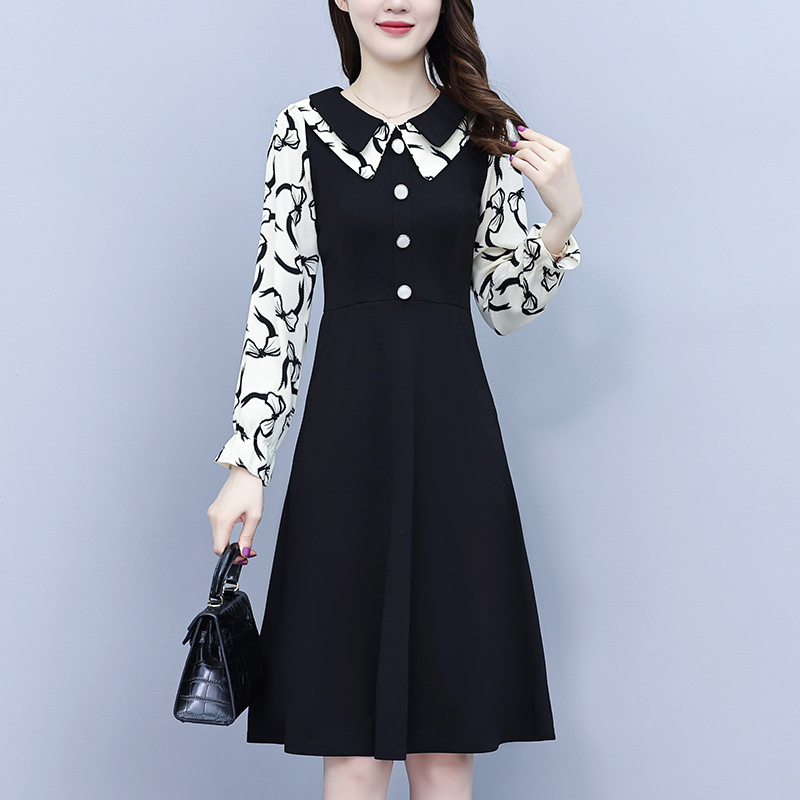 PF20750# 大码裙子胖mm娃娃领拼接简约显瘦洋气长袖气质连衣裙淑女女裝貨源服裝批發