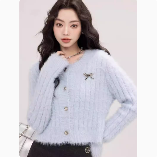 Imitation mink French bow slim short sweater cardigan for women autumn and winter new fashion versatile knitted jacket