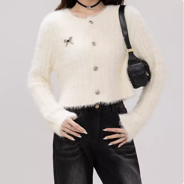 Imitation mink French bow slim short sweater cardigan for women autumn and winter new fashion versatile knitted jacket