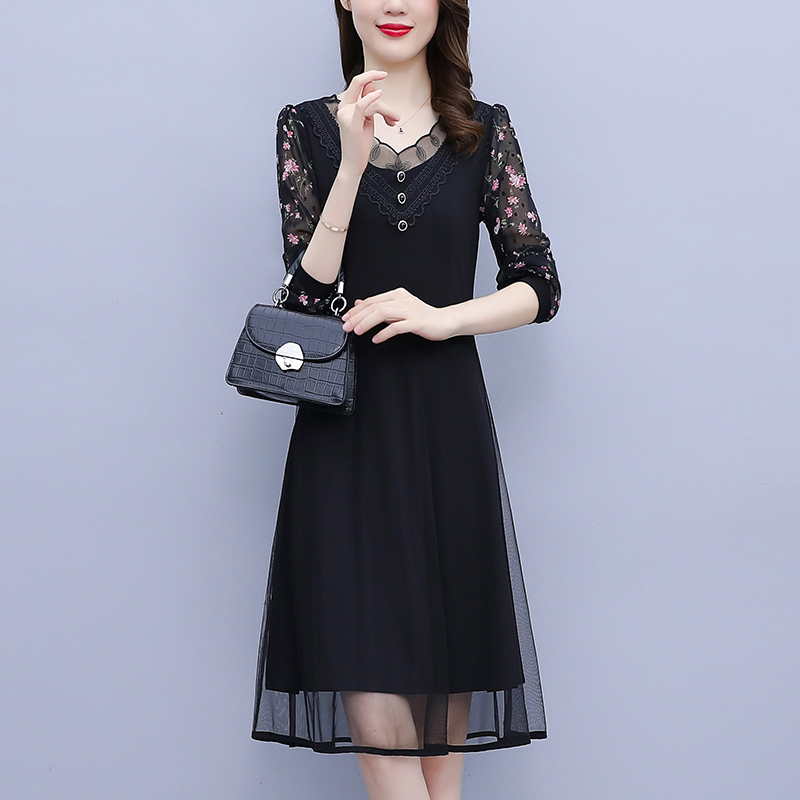 PF20747# 大码女装胖mm网纱拼接高端洋气修身显瘦气质长袖连衣裙女女裝貨源服裝批發