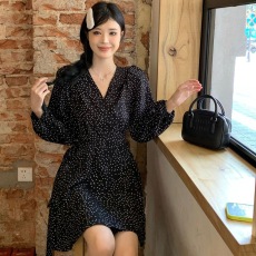 批发夏装新款大码女装桑稚同款波点一片式V领连衣裙系带裙
