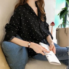 批发秋装大码韩版女装chic赫本风翻领撞色波点宽松百搭长袖衬衫