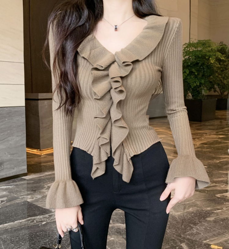 PF20468#新款荷叶边针织打底衫女独特别致v领上衣内搭喇叭袖毛衣女裝貨源服裝批發