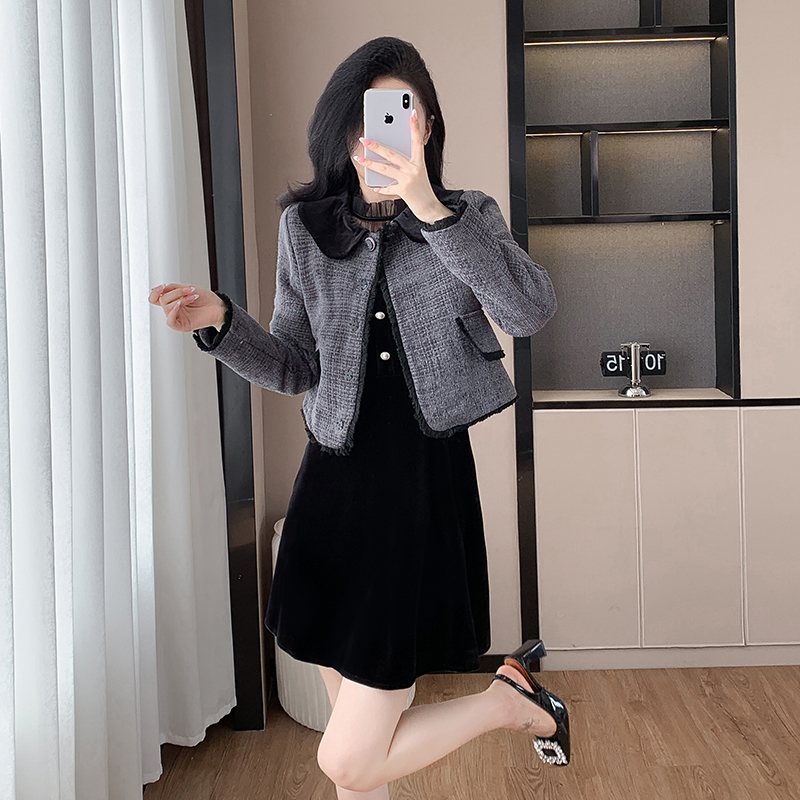 실사 프랑스식 작은 샤넬 스타일 품격 명문 여성 쇼트 스타일 여성 코트 재킷 새로운 베이비 칼라 고유 한 Chic 맨위