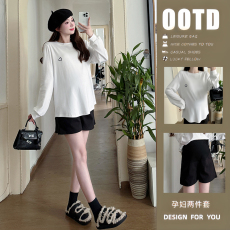 批发实拍 孕妇T恤春秋棉质长袖宽松显瘦设计感泡泡袖显瘦潮妈笑脸上衣