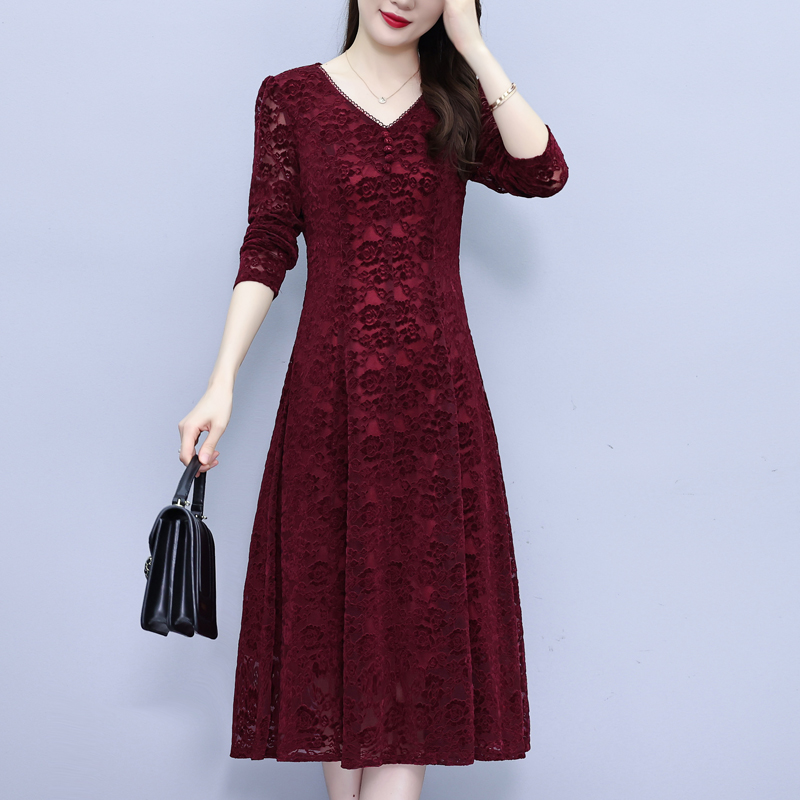 PF20621#喜婆婆婚宴连衣裙女新款高贵洋气质妈妈红色蕾丝打底裙子女裝貨源服裝批發