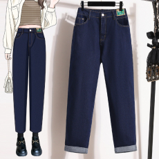 批发实拍2026春款大码<b class='q'>牛仔裤</b>女松紧腰胖MM显瘦宽松胯腿粗九分哈伦裤