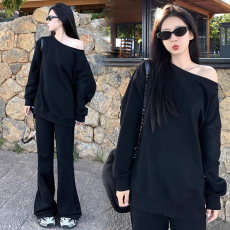 批发<b class='q'>孕妇</b><b class='q'>慵懒</b>风宽松一字肩卫衣+休闲喇叭裤时尚套装女